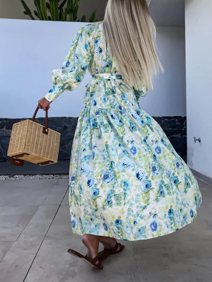 Encantadora Camisa Estampada Botones Oro Liso Maxi Vestido Floral