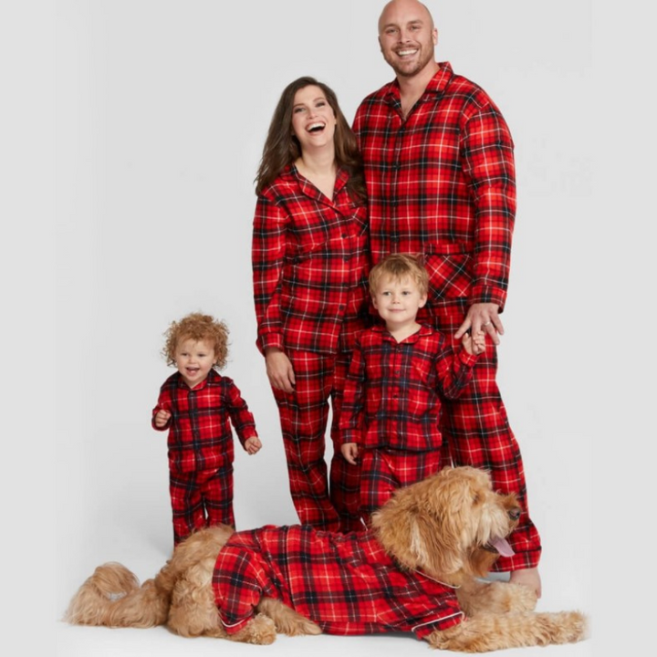 Traje de Navidad con camisa estampada a cuadros rojos para padres e hijos (con ropa para perro mascota)