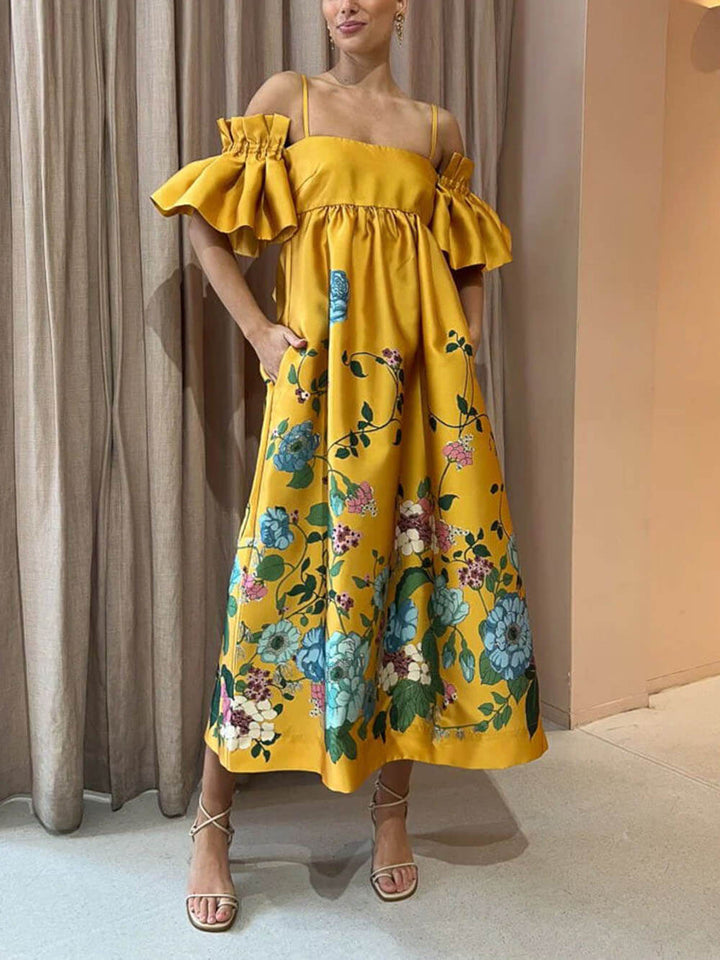 Vestido midi en línea A con manga fruncida y estampado caléndula