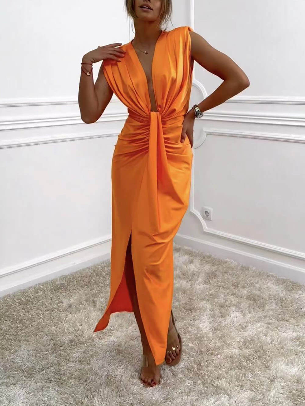 Κλασσικό V-λαιμός Ruched Drape Slit Midi φόρεμα