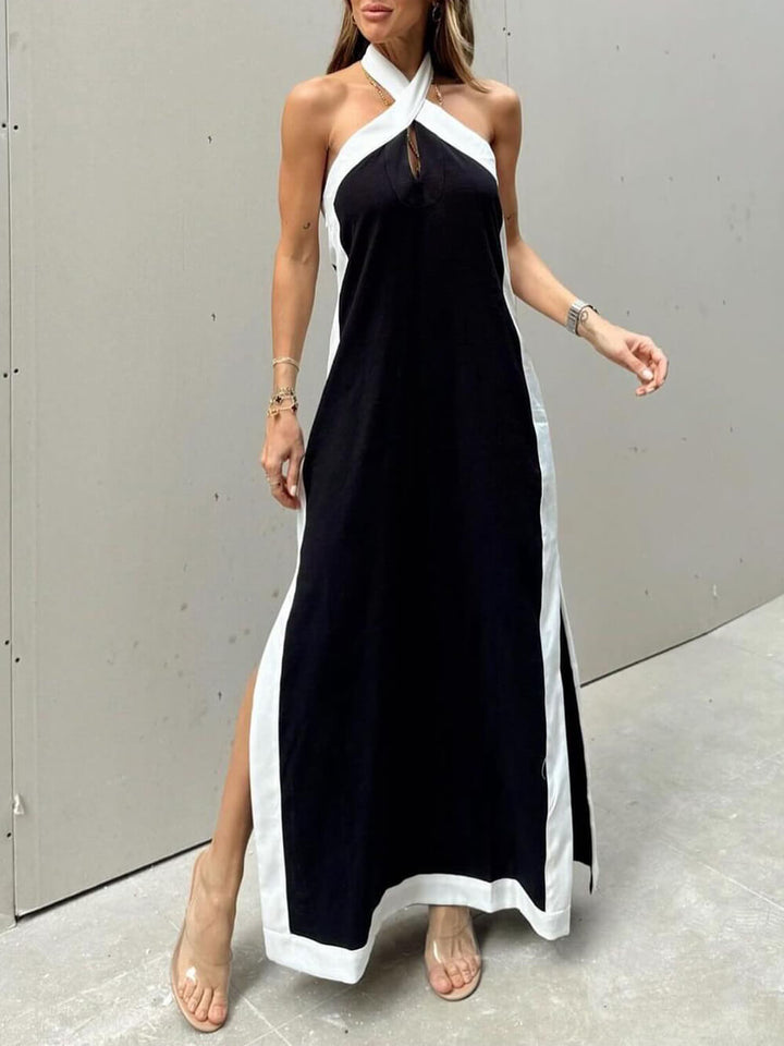 Χρώμα μπλοκ Halter Neck Slit Maxi φόρεμα