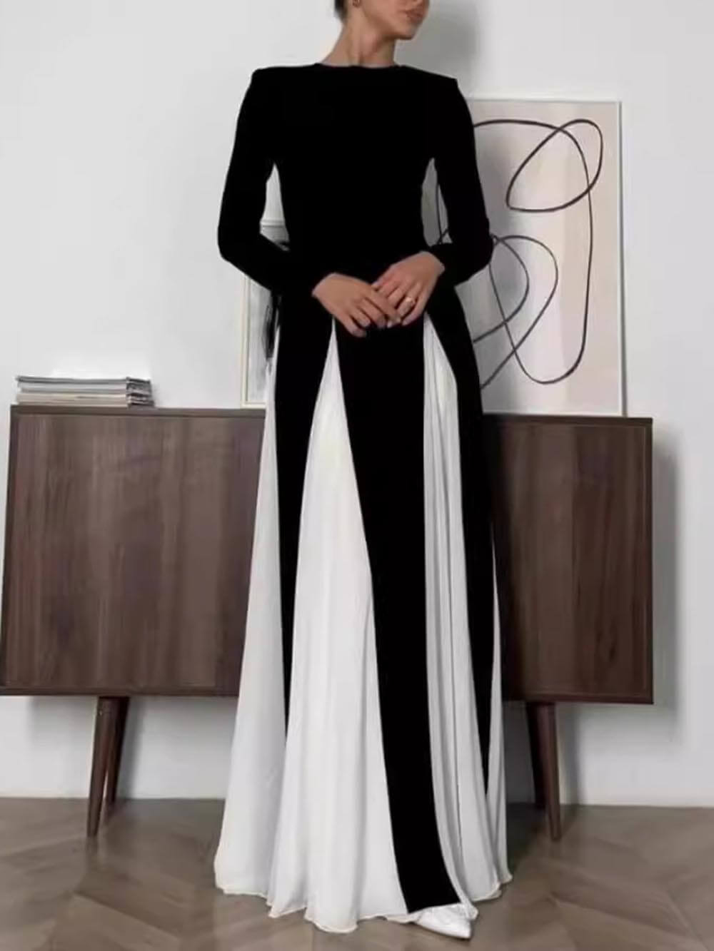 Glam Elegant Panelled Tulle Long Sleeve A-line Maxi Dress