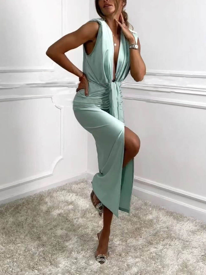 Gaun Midi Ruched Drape Slit Slit Leher V-Neck Klasik