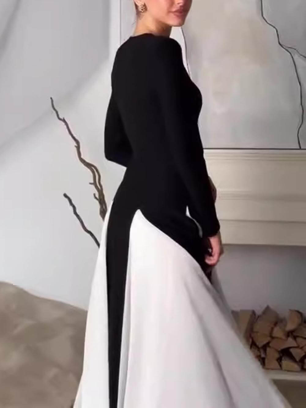 Vestido Maxi Glam Elegante com Painéis de Tule Manga Comprida em A