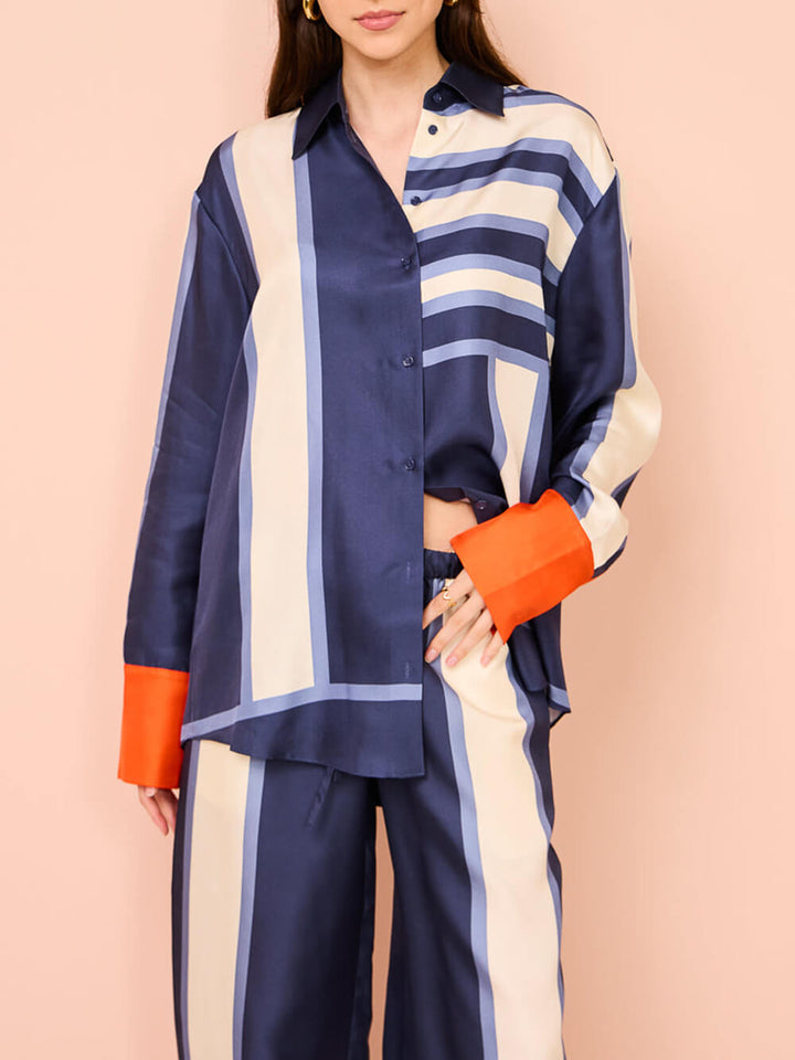 Exquisite unic Striped Print Patchwork Kutton Oversized Blouse