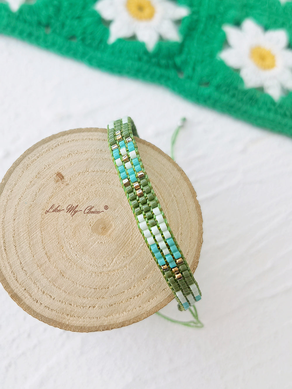 Pulsera ajustable de cordón con cuentas Pompones verdes degradados