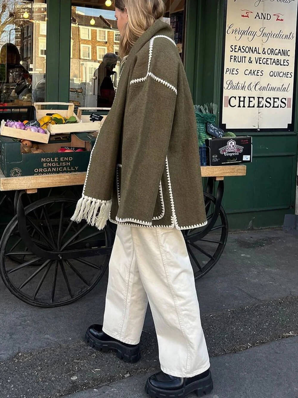 Chaqueta de mezcla drapeada con flecos y pañuelo