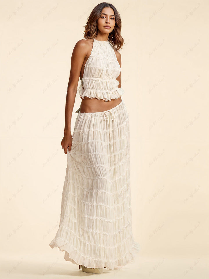 Charmed Pleated Drawstring Waist Tiered Maxi Skirt (jupe longue plissée à taille nouée)