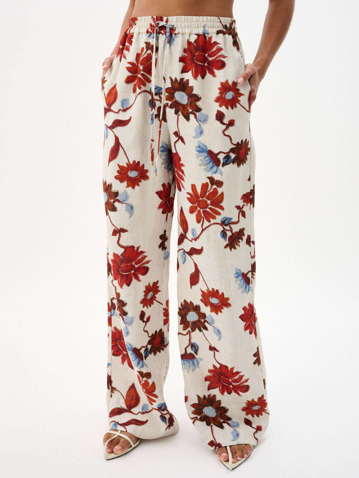 Exquisito pantalón de pata ancha con encaje y estampado floral