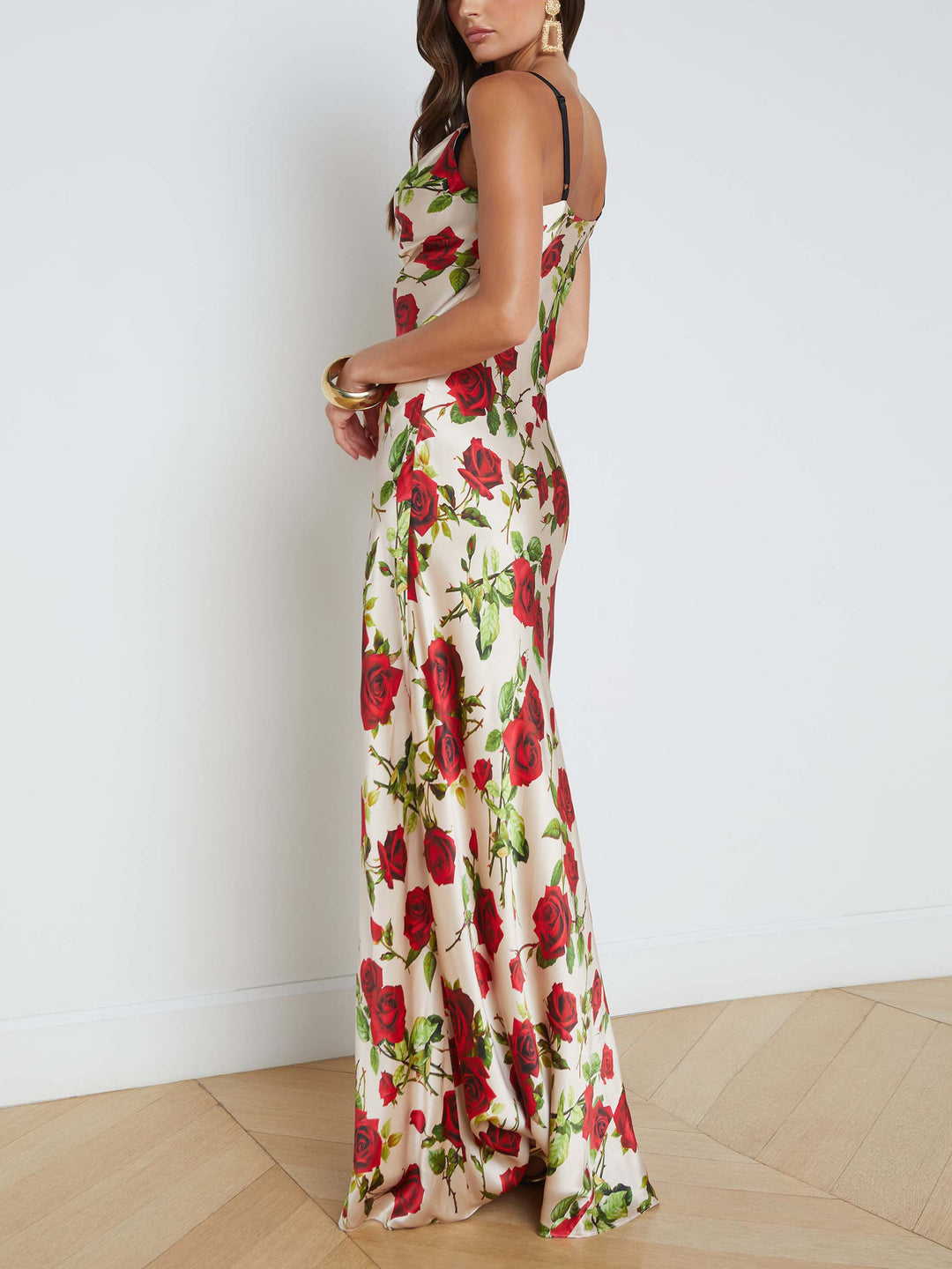 Vestido Maxi Vintage Satin Rose Print Sexy com decote em V e fenda