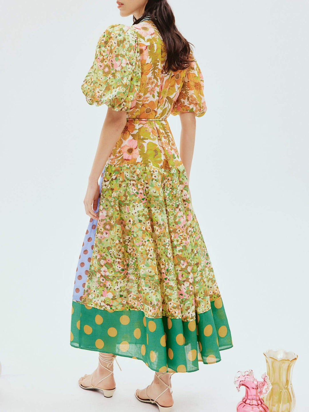 Prachtige Retro Bloemenprint Pofmouw Midi Dress