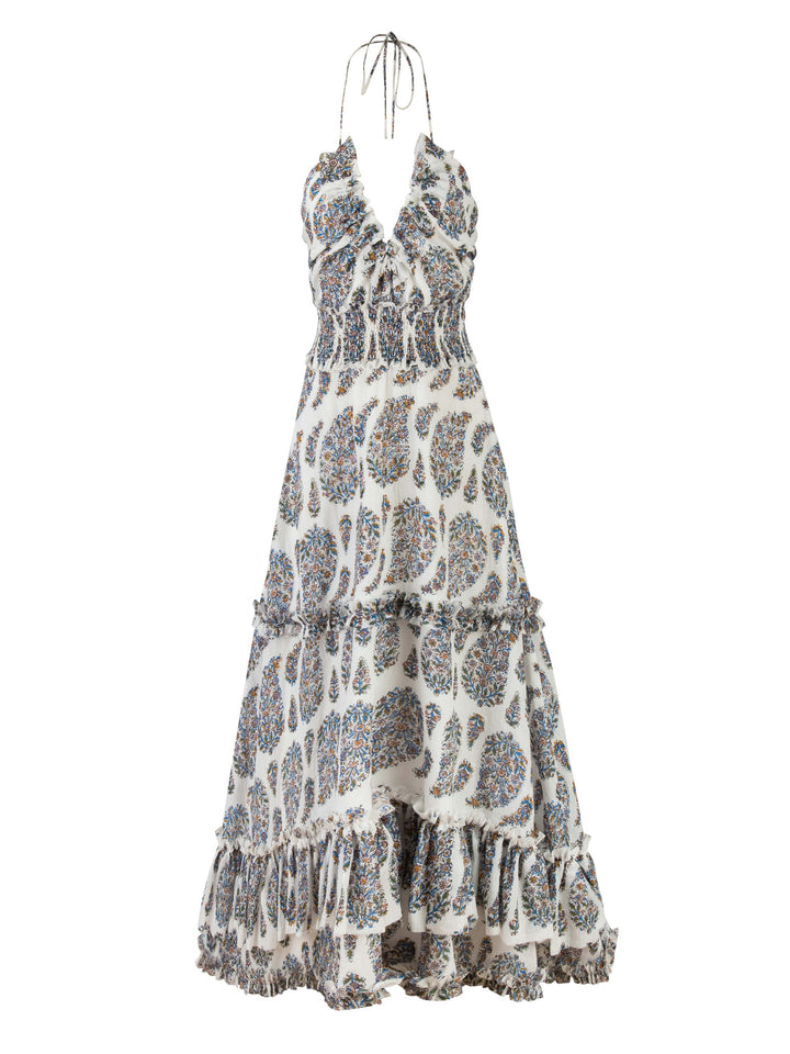 Bohemian Paisley Print Ruffled V-Neck Maxi šaty