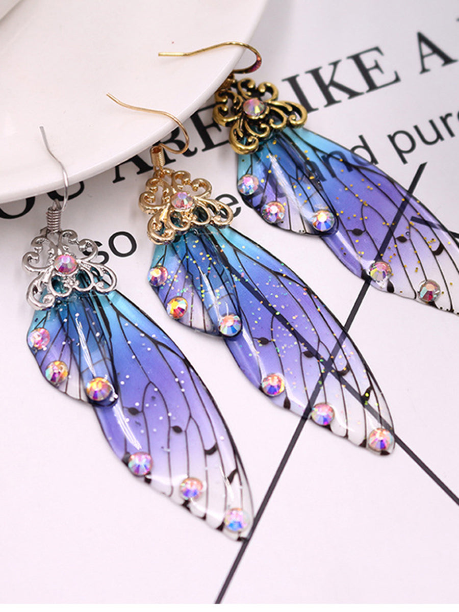 Boucles d'oreilles Aile de papillon en strass bleu Aile de cigale en cristal