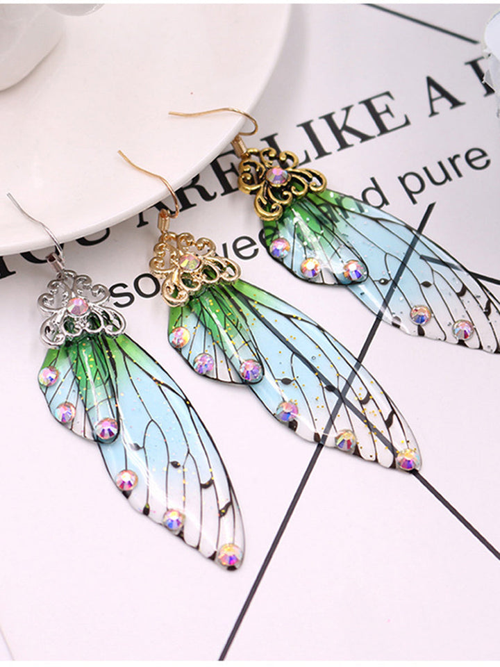 Boucles d'oreilles en cristal de strass vert aile de papillon aile de cigale