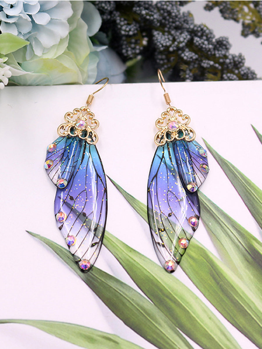 Fluture aripă albastru Rhinestone Cicada aripă de cristal cercei