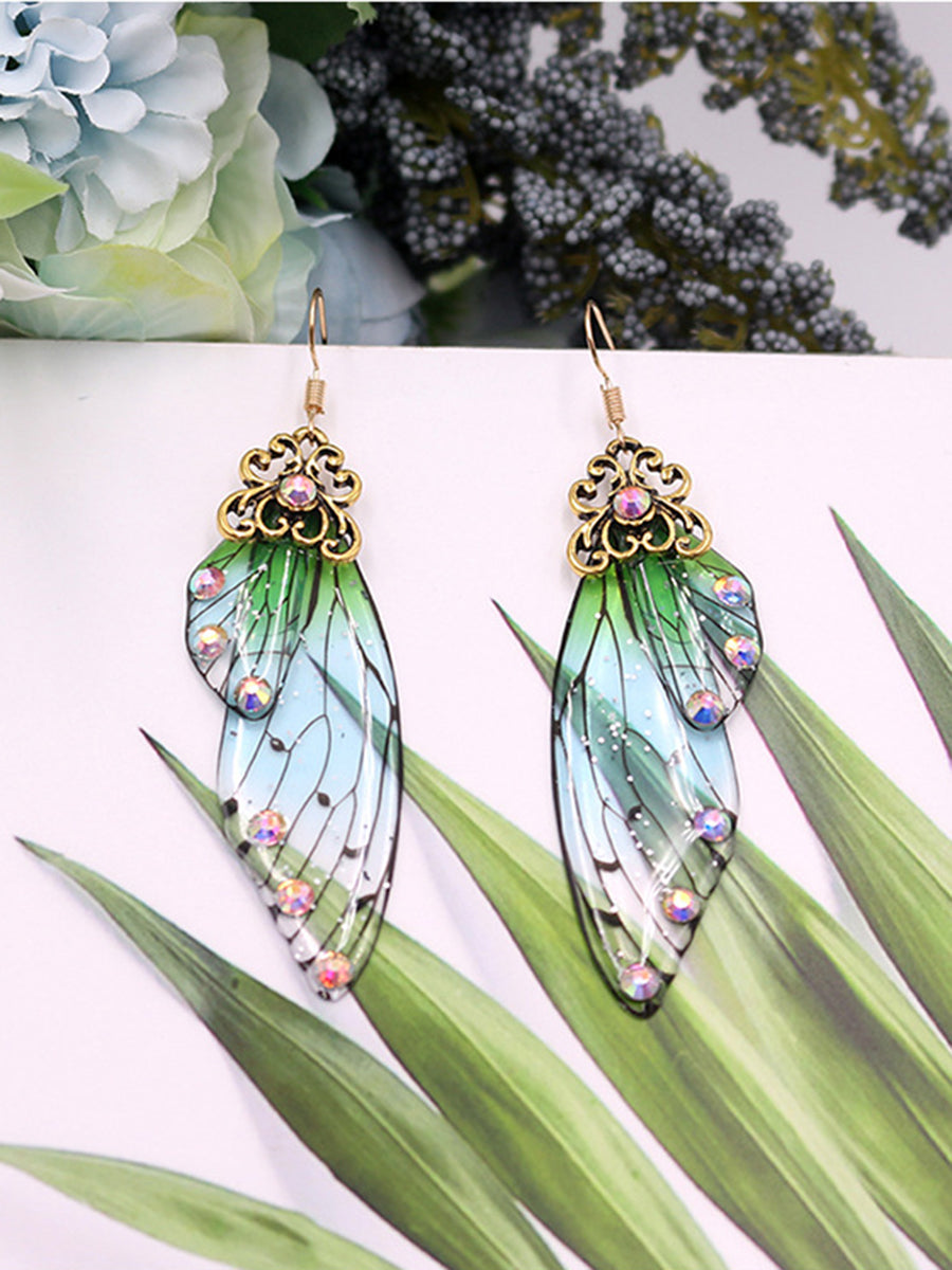 Pendientes de cristal con forma de alas de mariposa de diamantes de imitación verdes