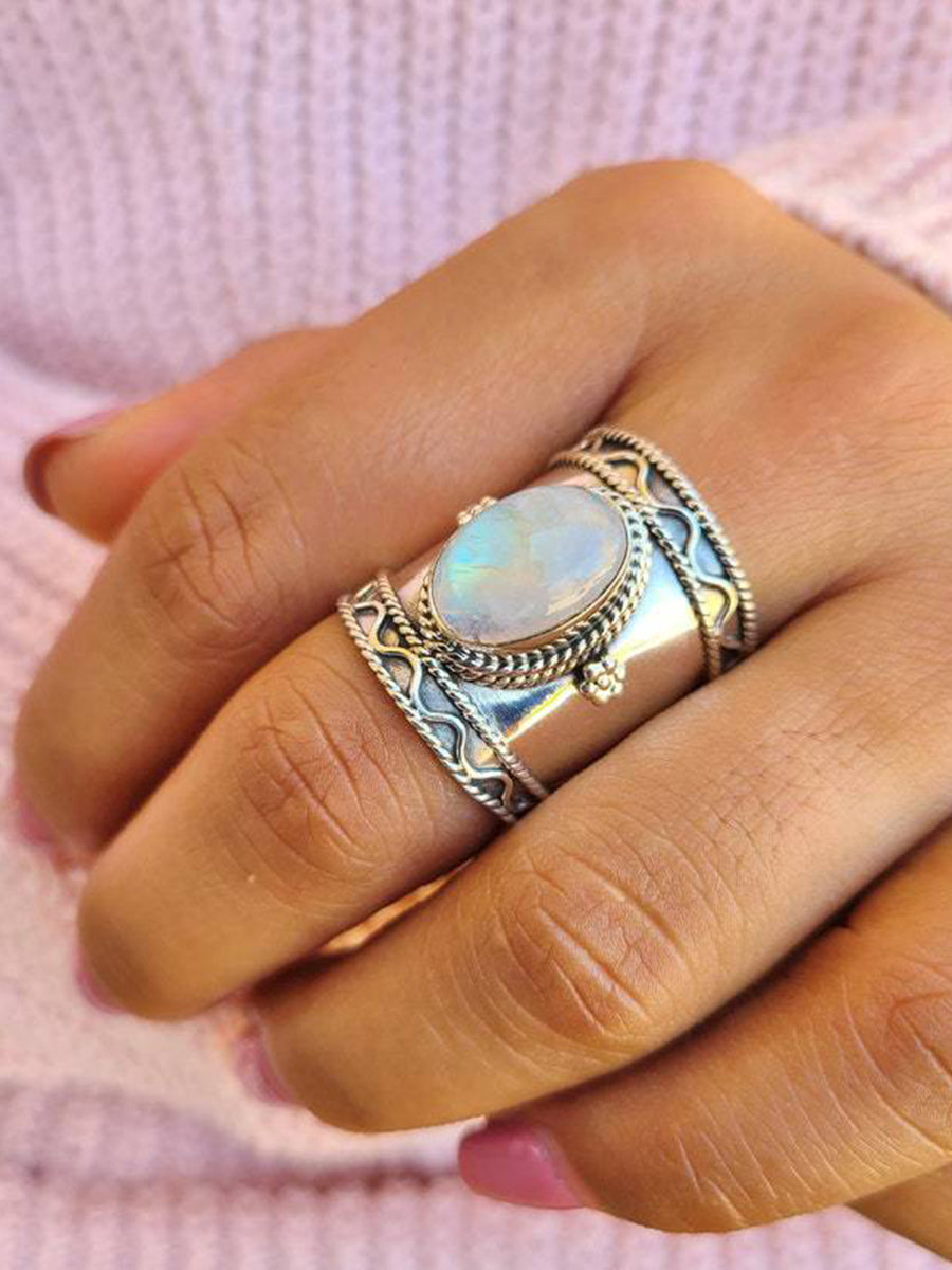 Anillo Boho Luna Piedra Ligera Onda de Agua