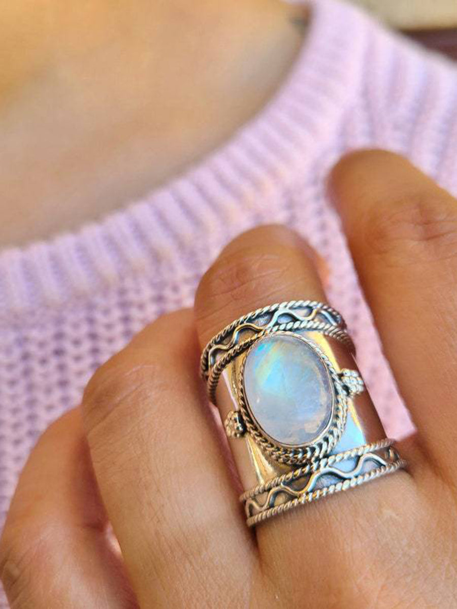 Anillo Boho Luna Piedra Ligera Onda de Agua