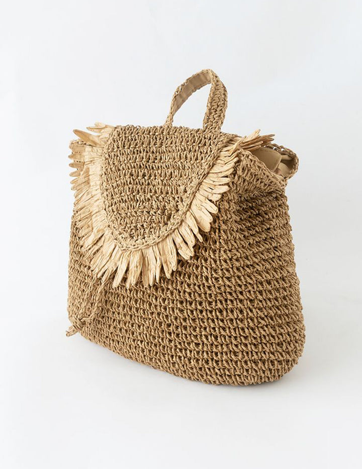 Caramel Fringed Trim Woven Straw Rucsac