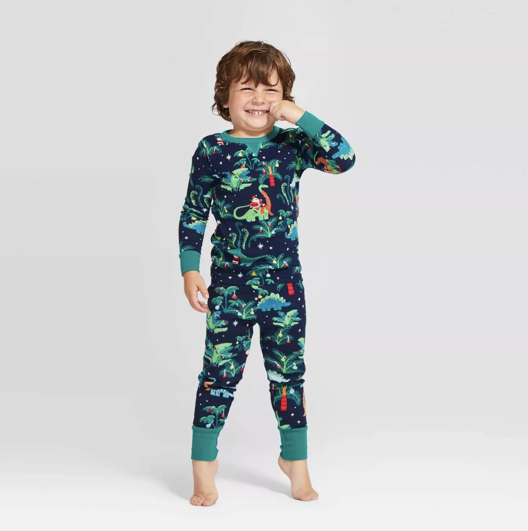 Kerstmis Dinosaurus Gedessineerde Familie Bijpassende Pyjama Sets (met hondenkleertjes voor huisdieren)