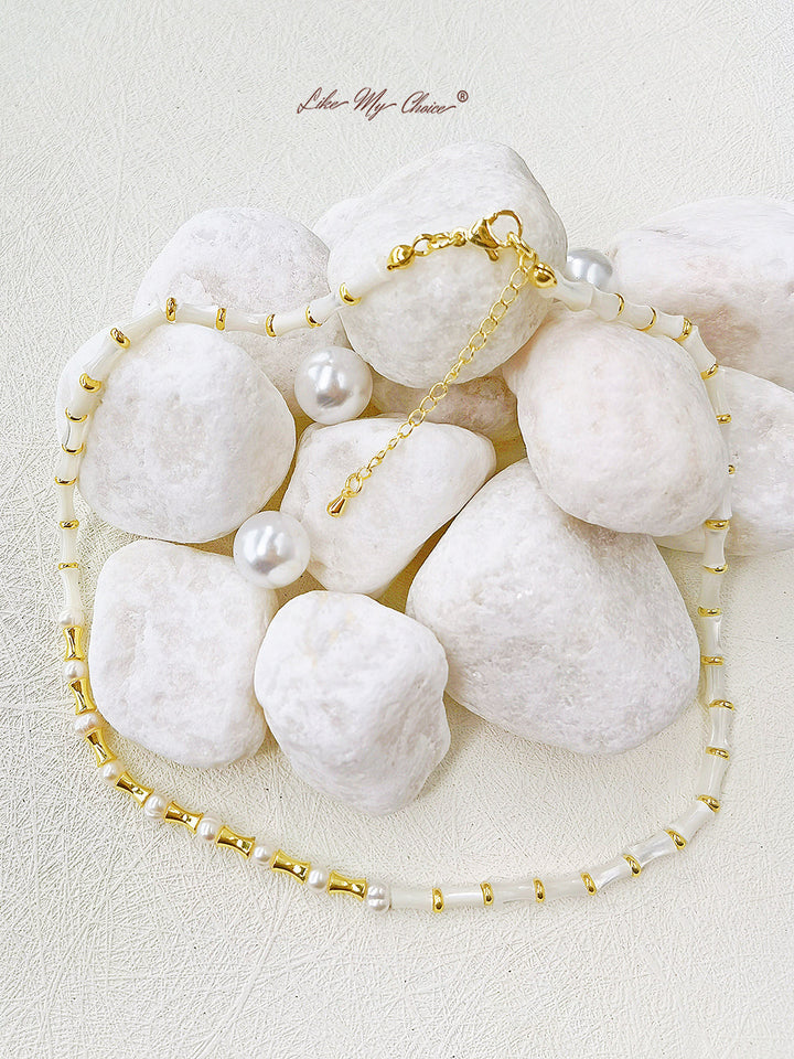 Bohemian Geometric Stone Real Pearls Necklace with Vintage Charm