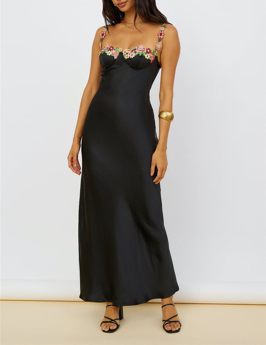 Magnetic Forces Flower Embroidery Maxi Dress Negru