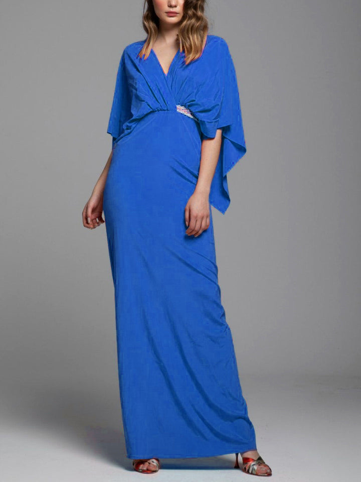 Elegant Satin V-Neck Dropped Shoulder Sleeve Maxi Dress