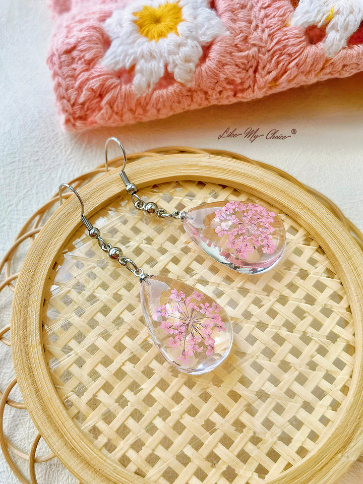 Teardrop Queen Anne Bud Dried Flower Resin Earrings