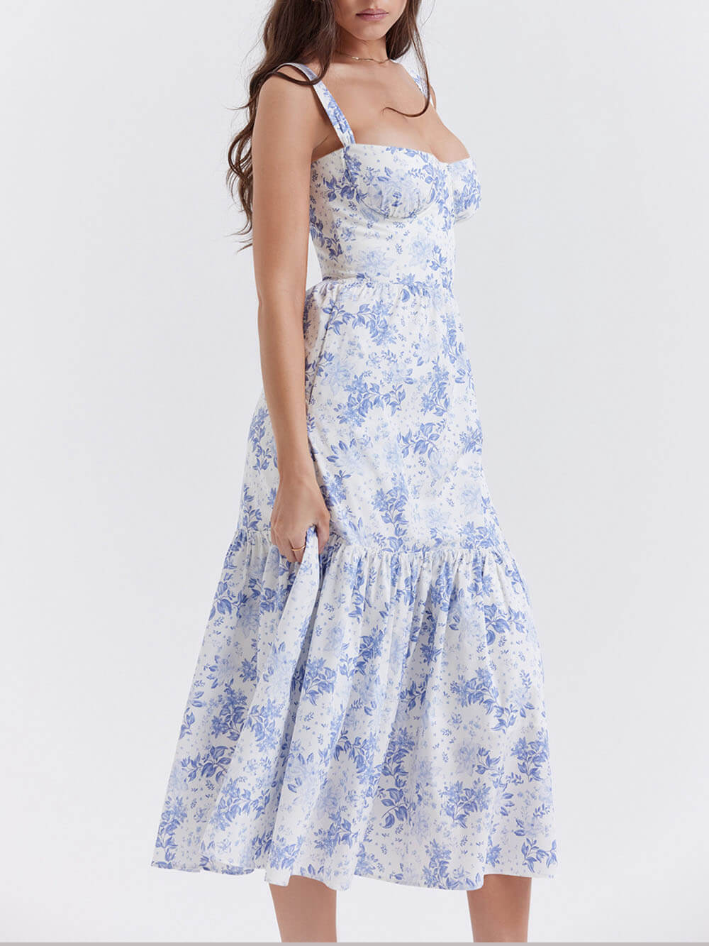 Vestido midi floral com alça na bainha em A