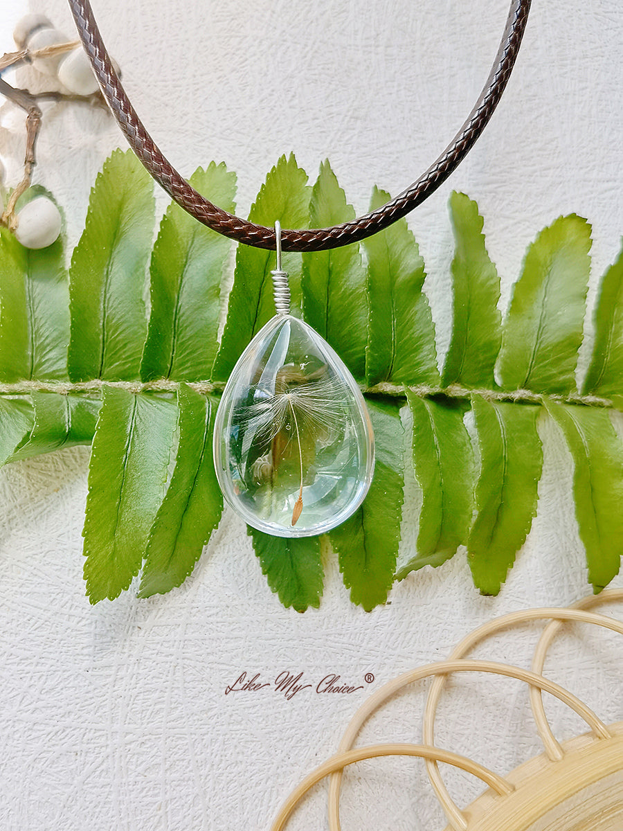 Collar de flores preservadas Colgante de trébol de diente de león de doble cara