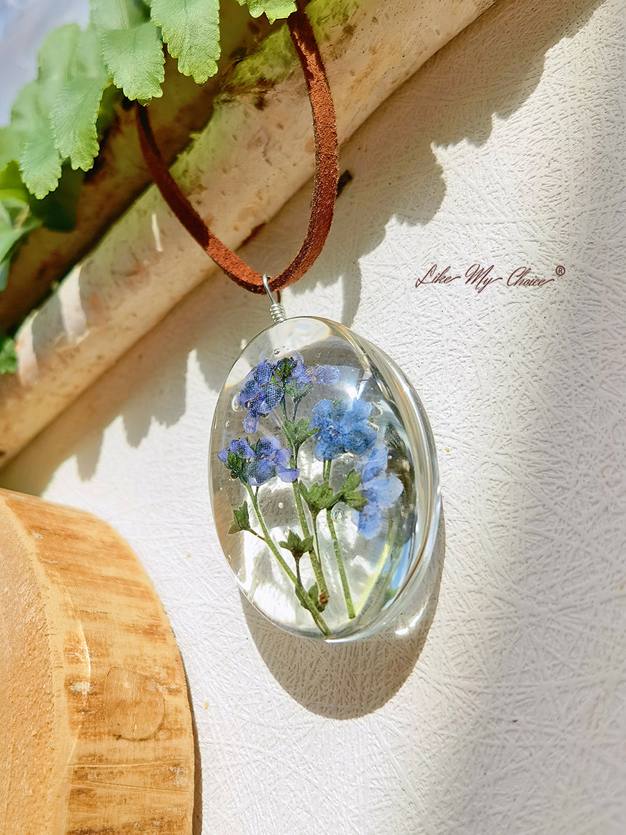 Collier de fleurs séchées Myosotis Pendentif fleur conservée