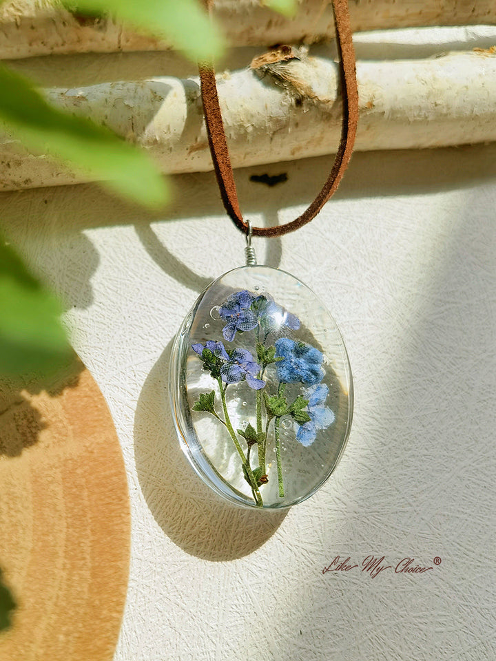 Collier de fleurs séchées Myosotis Pendentif fleur conservée