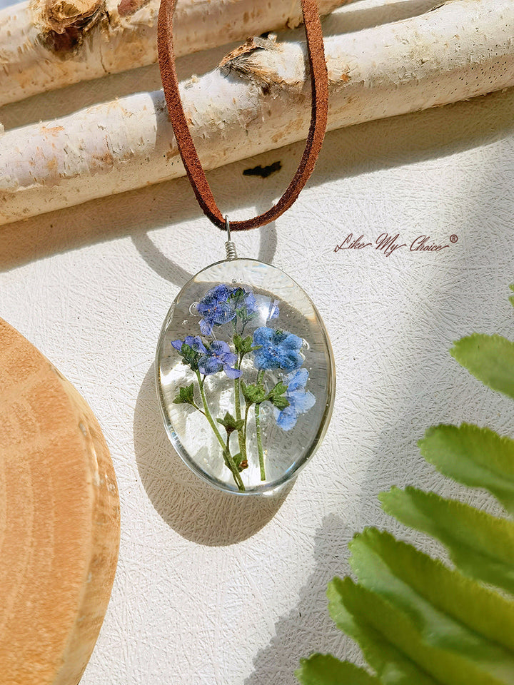 Collier de fleurs séchées Myosotis Pendentif fleur conservée