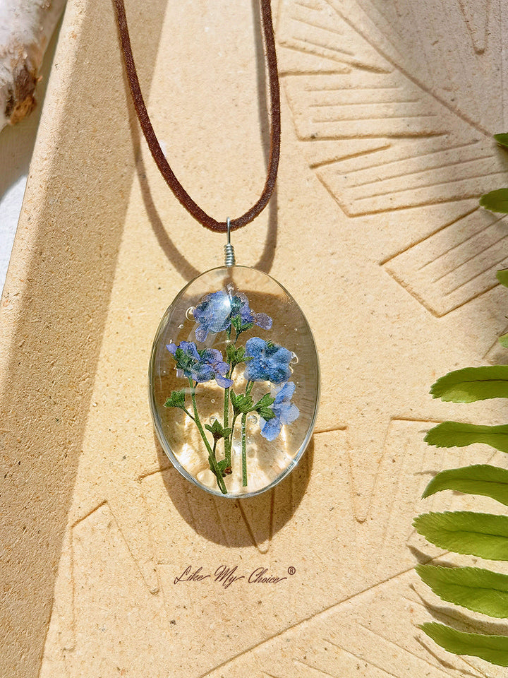 Collier de fleurs séchées Myosotis Pendentif fleur conservée