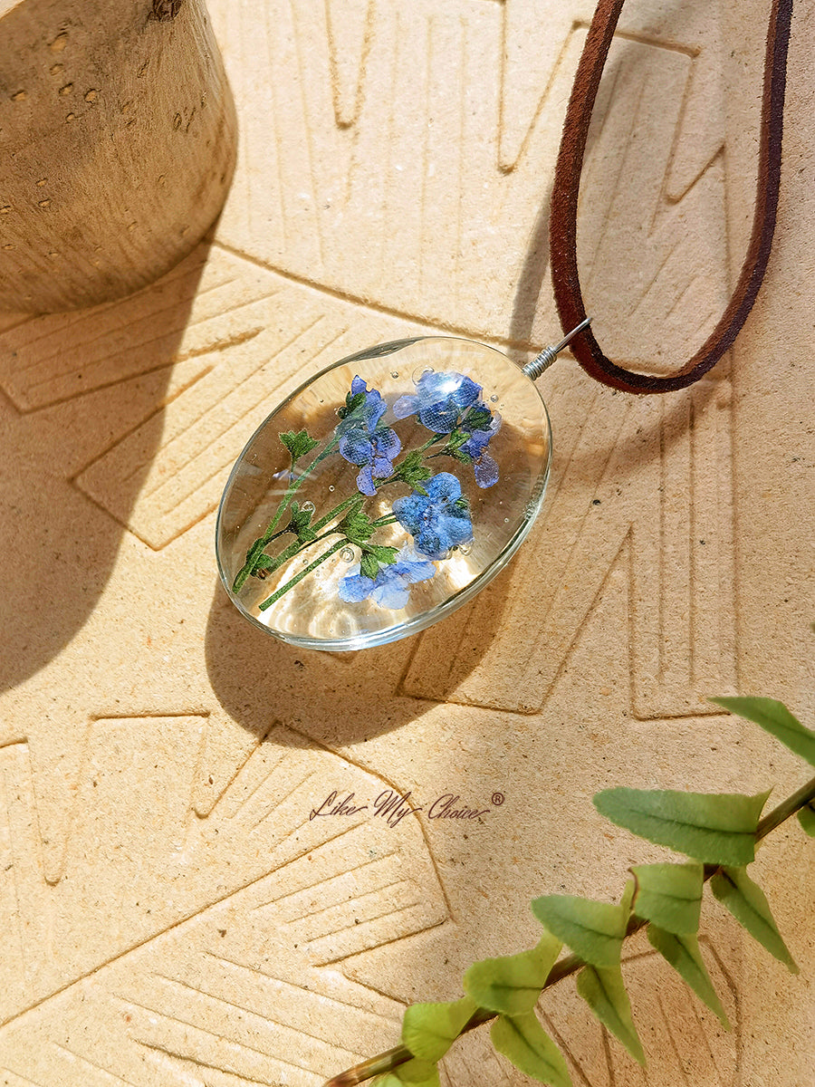 Collier de fleurs séchées Myosotis Pendentif fleur conservée