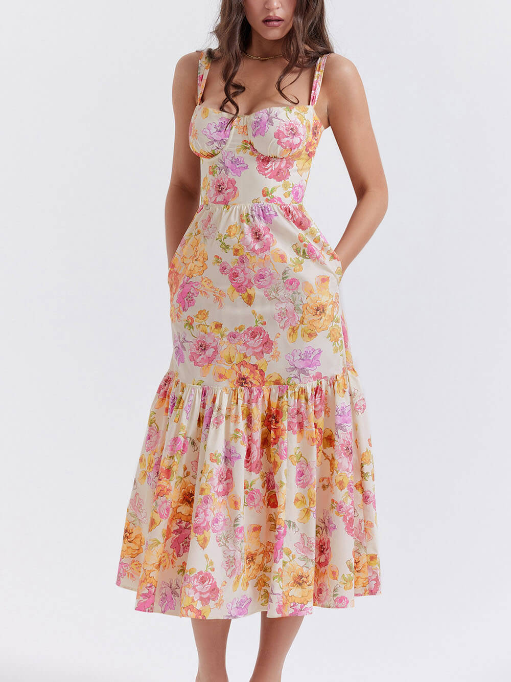 Vestido midi floral con escote en A