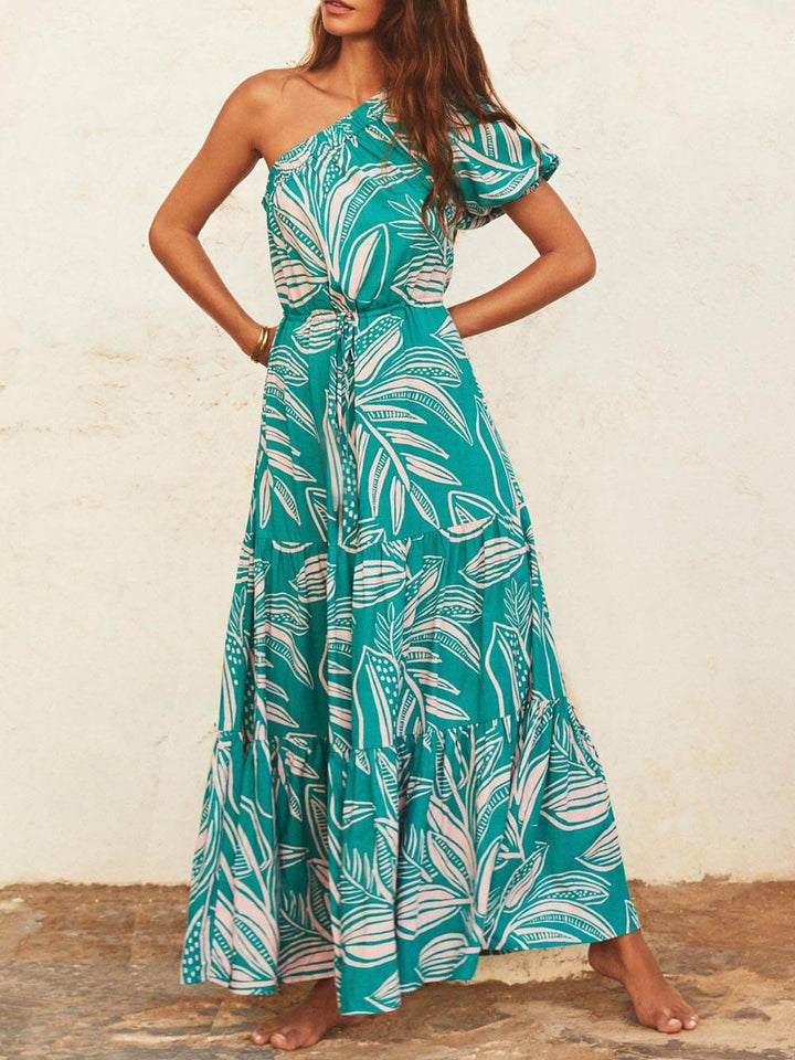 Vestido floral estilo festivo con estampado de hojas de palmera sin hombros