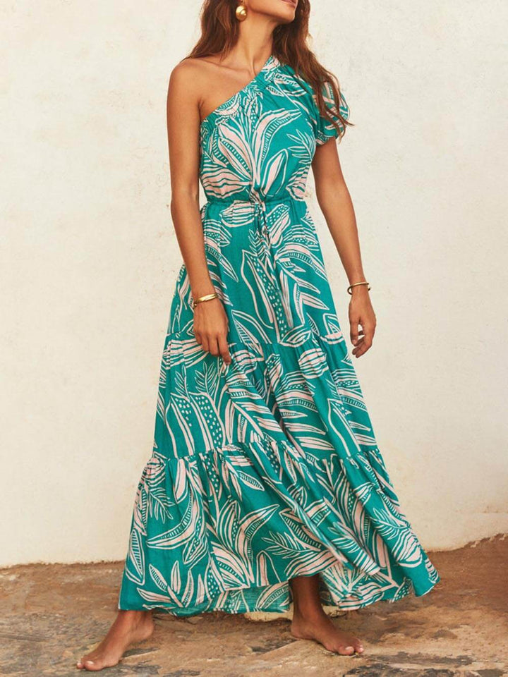 Palm Leaf Print Schulterfreies Florales Kleid im Urlaubsstil