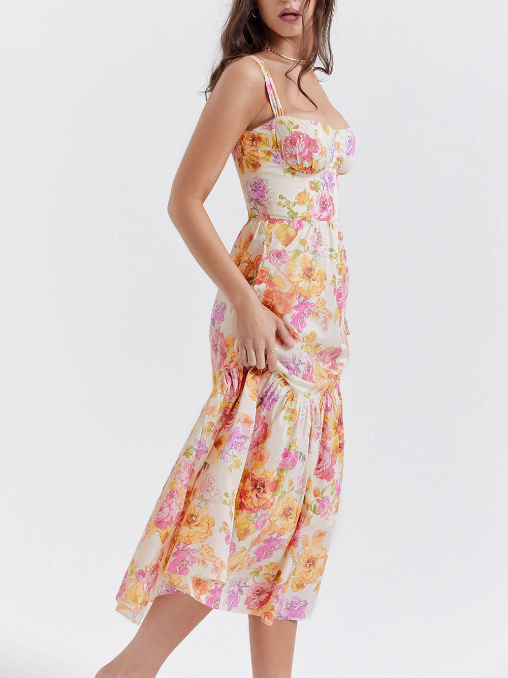 Vestido midi floral con escote en A