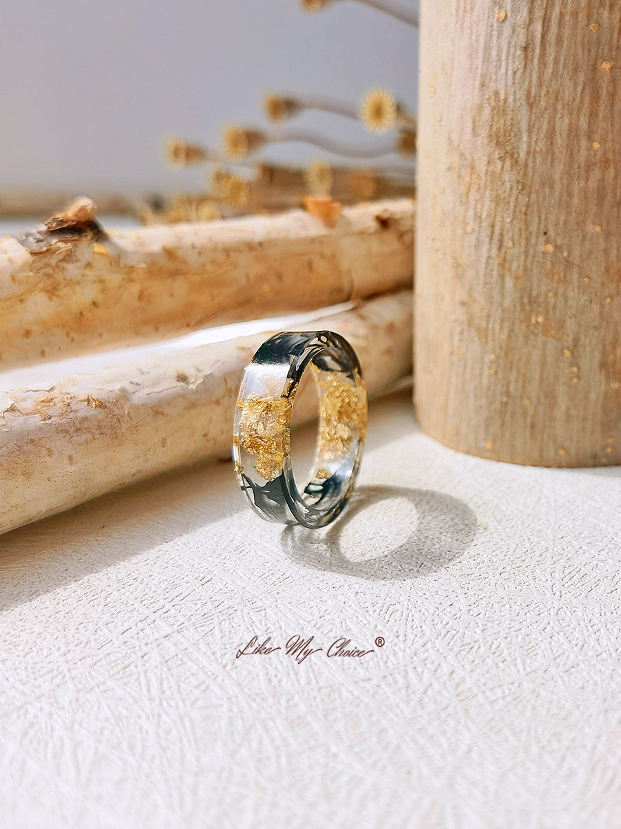 Handgefertigter Getrocknete Blume Goldfolie Bunter Harz Ring