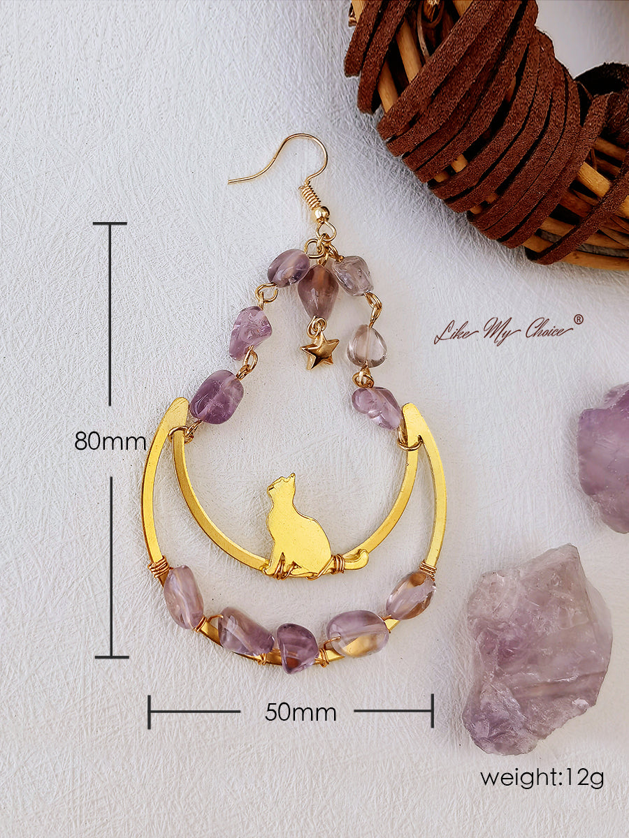 Boucles d'oreilles boho pendantes Moon & Cat en améthyste