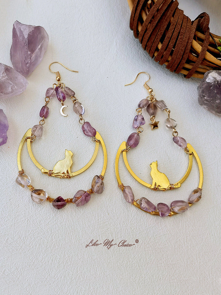 Boucles d'oreilles boho pendantes Moon & Cat en améthyste