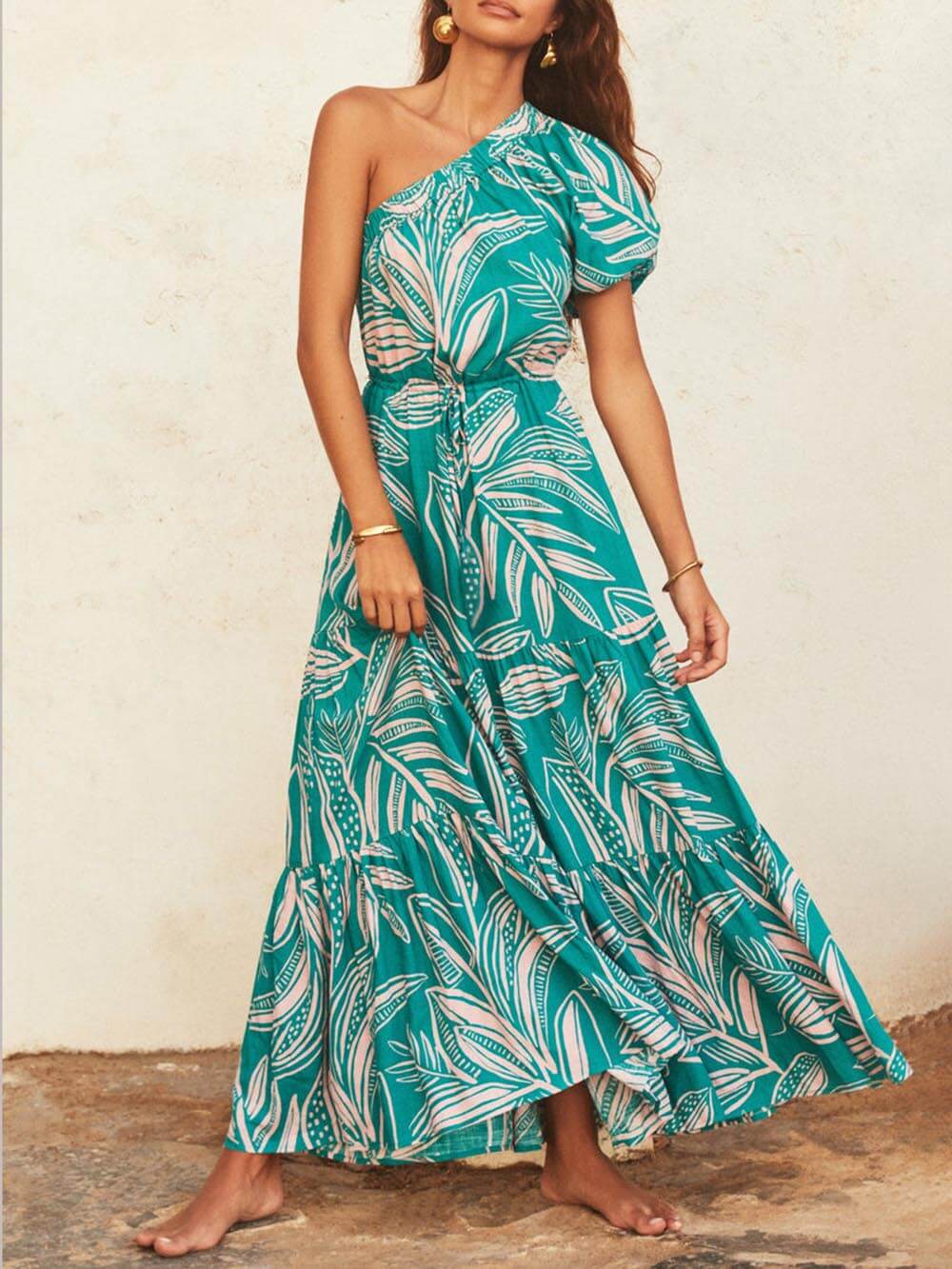 Palm Leaf Print Off-Shoulder Holiday Style Floral φόρεμα