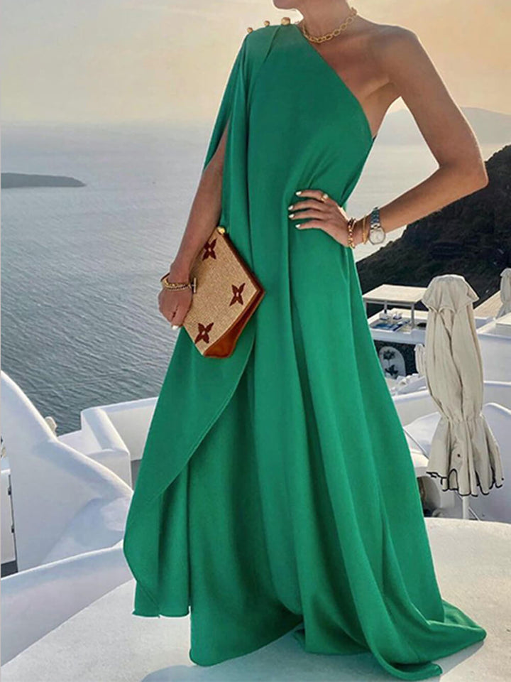 Vestido maxi de um ombro solto de cor sólida na moda