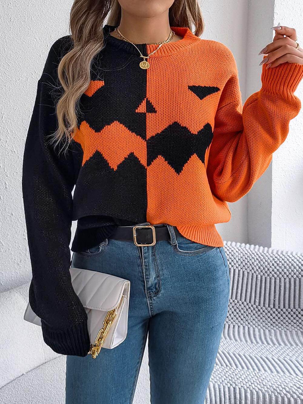 Halloween Ghost Pattern Long Sleeve Round Neck Sweater