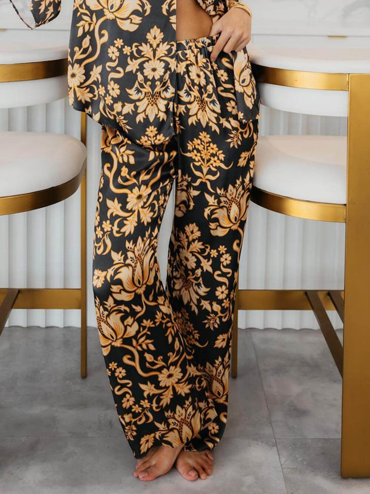 Unique Gillespie Loose Satin Printed Pocket Wide Leg Pants