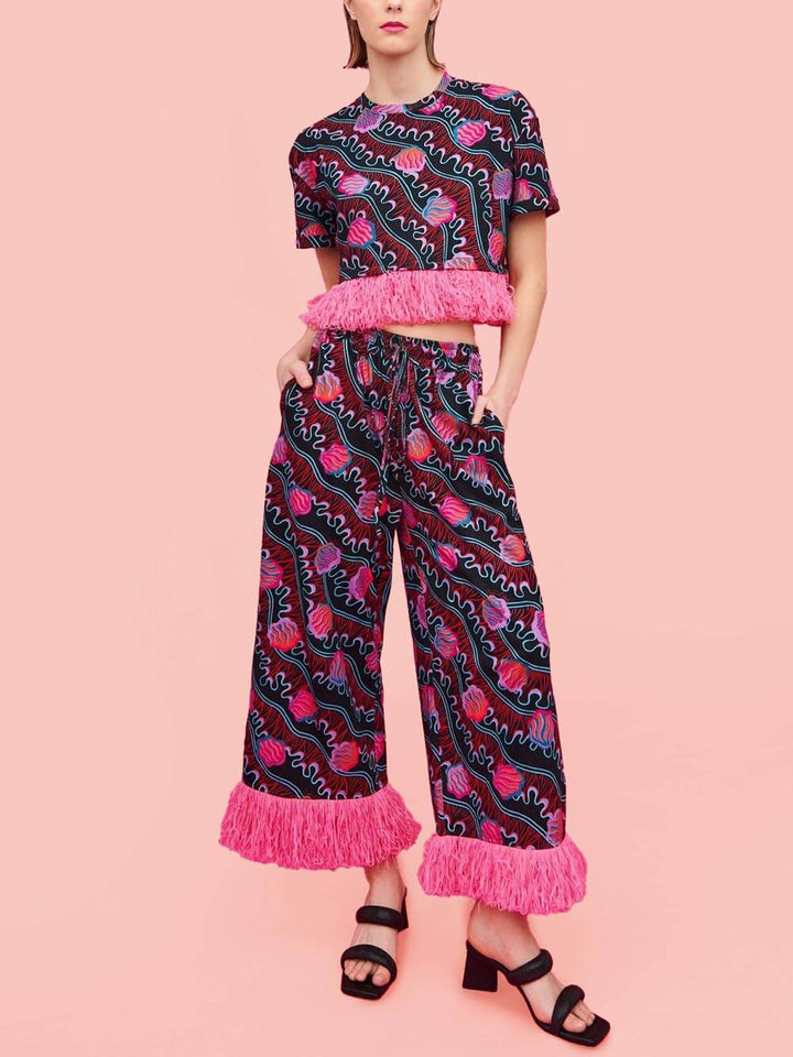 Unique Tassel Splicing Shell Spray Print Pocket Wide Leg Pants