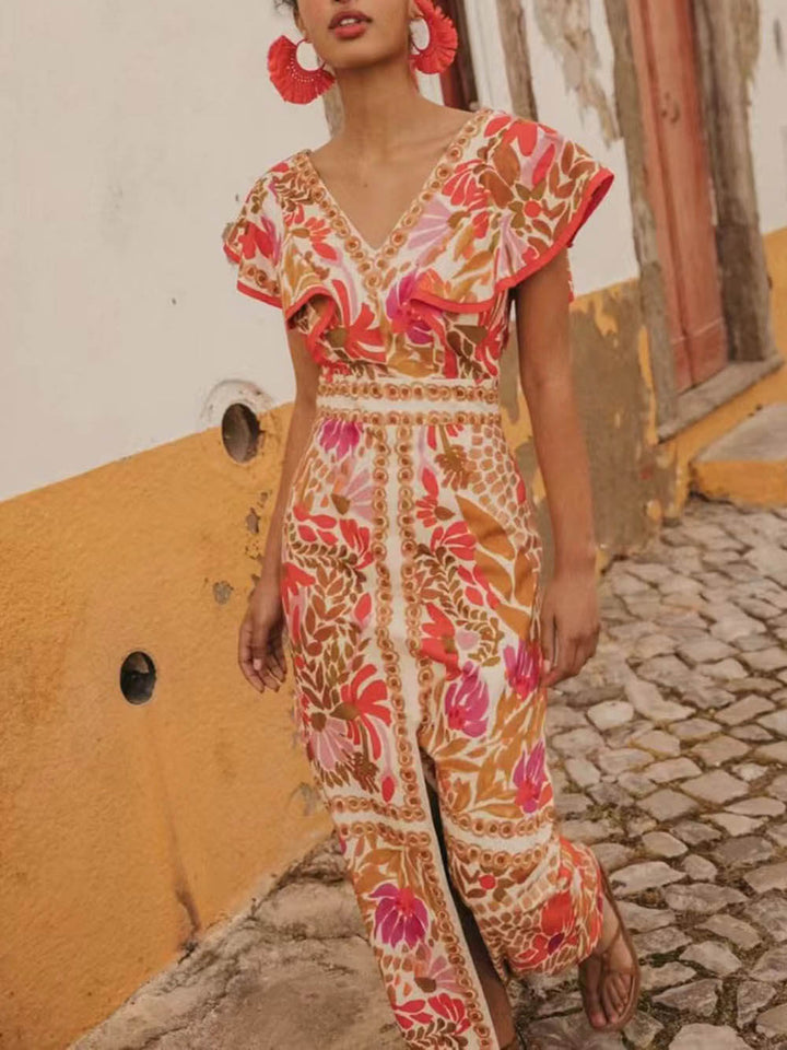 Vestido sem costas com decote em V com folhos e estampado aberto