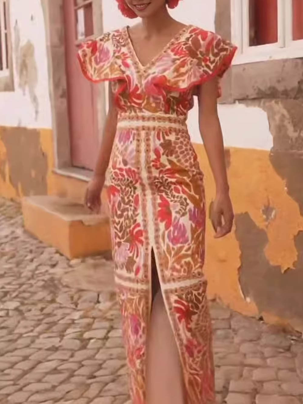 Vestido sem costas com decote em V com folhos e estampado aberto