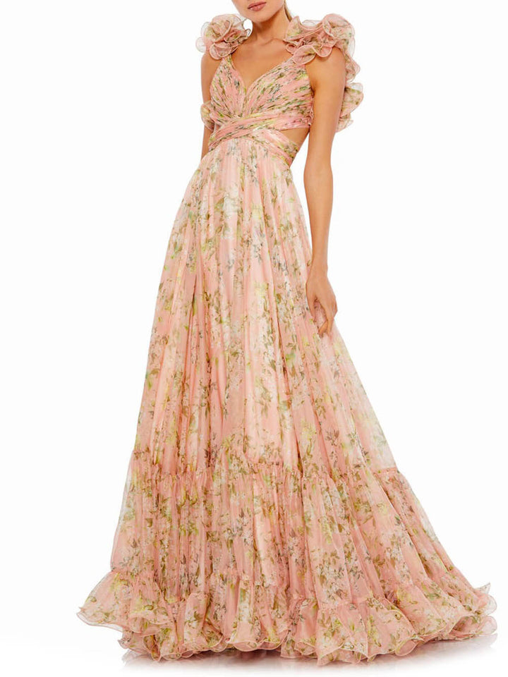 Elegante Vestido de Baile Floral Hueco